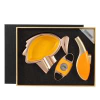 lighter gas cigar gift set ashtray portable metal yellow cigar lighter ashtray cigar cutter