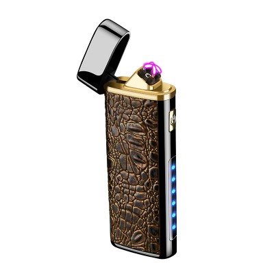 2019 yanzhen 806 leather pattern wind proof multi-functional LED light with charge display USB double arc lighter wholesale